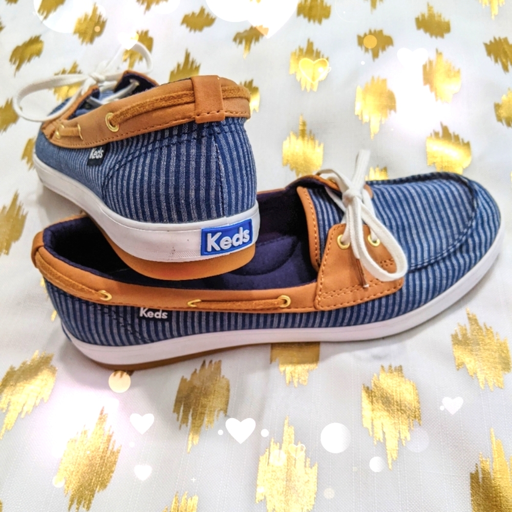 Keds Charter Breton Stripe Slip On Blue Tan Boat Shoe Women's 8